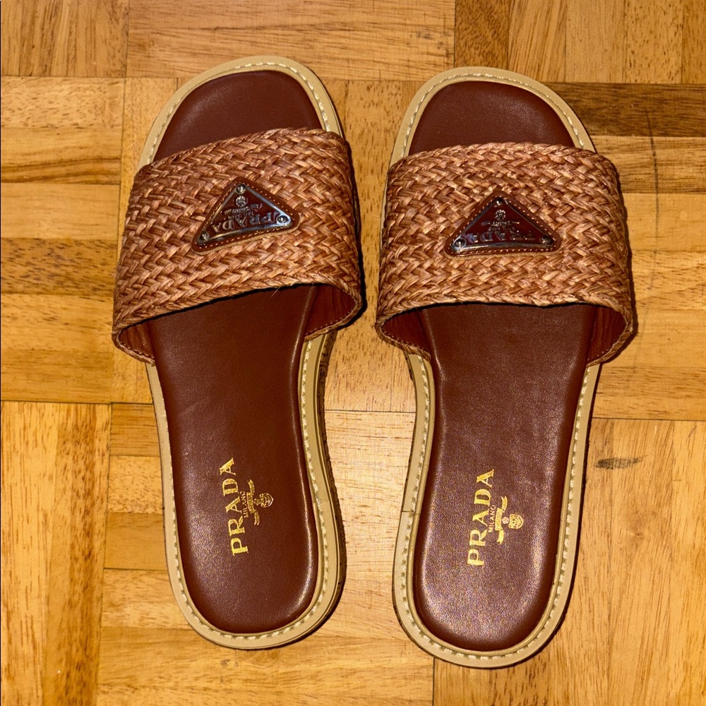 Prada Tan Woven Leather Slides